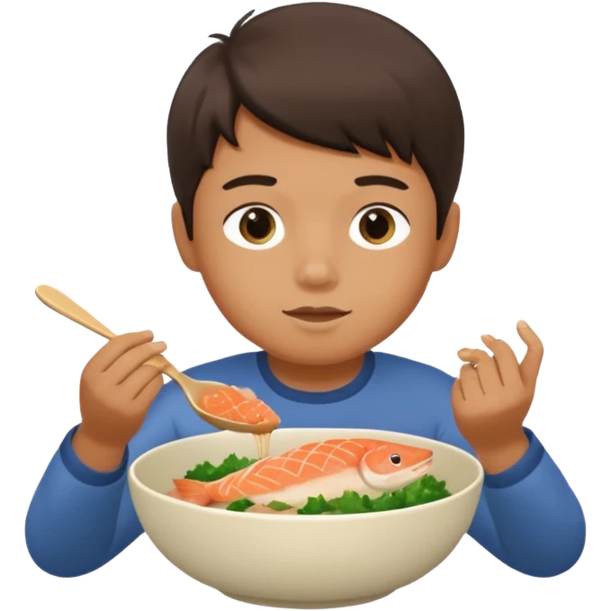 A boy eating miso salmon out of a bowl  emoji