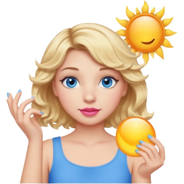 Girl Blonde short wavy hair,  blue eyes, cute blue top, long lashes, pink lips, holding the one sun   emoji