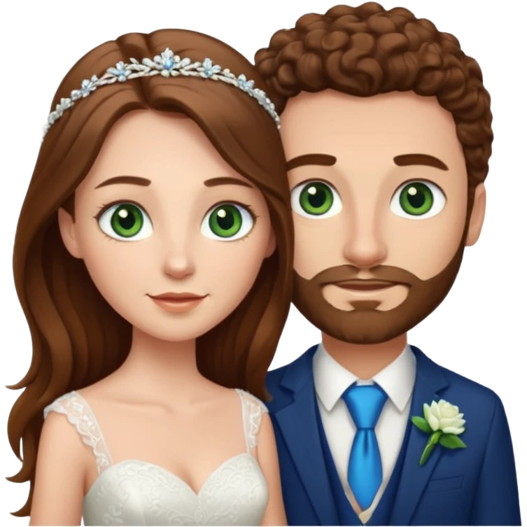 wedding couple, woman has long straight brown hair and green eyes, man has short light brown curly hair and facial hair with blue eyes emoji