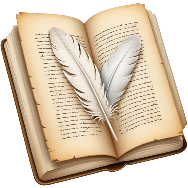 Create a poetic and elegant emoji representing poetry. The design should feature several vintage, gracefully flying pages with short, poetic columns written on them. A white feather quill should be depicted writing on one of the pages, with ink flowing smoothly. The pages should have a soft, antique look, with subtle details to convey the delicate nature of poetry. Use soft, light colors with a romantic, airy feel. Make the background transparent. emoji