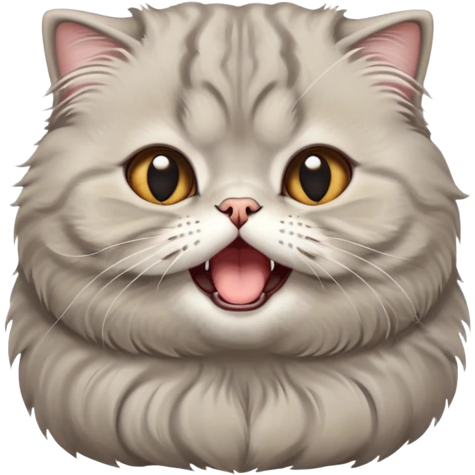 Cinematic-Adorable-Scottish-Fold-Cat-Portrait-Emoji – Big-eyed, fluffy Scottish Fold cat with a playful head tilt and a cute yawn, soft solid grey fur, tiny folded ears giving it an irresistibly sweet expression, simplified yet charmingly cute features, round amber eyes full of curiosity, highly detailed with a gentle glow. emoji
