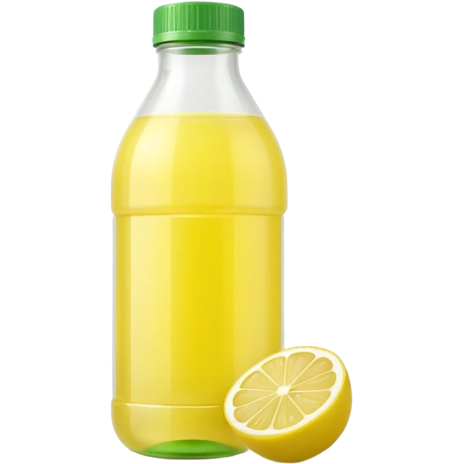 lemon juice bottle, small, transparent, pale yellow liquid, lemon-shaped or curved plastic, light translucent juice, green or yellow cap, clean minimal, no branding, no glass, no lemon slices, no background, no faces, clean 3D, soft shadows, transparent background, emoji scale emoji