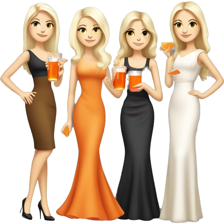 Four beautiful white european girls, one with blond hair and two dark blond hair in dresses drinking aperol emoji