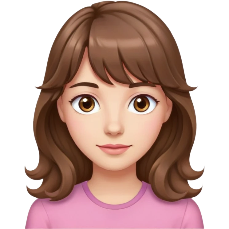 Adult woman, fair skin, long wavy brown hair with bangs, light brown eyes, pink shirt  emoji
