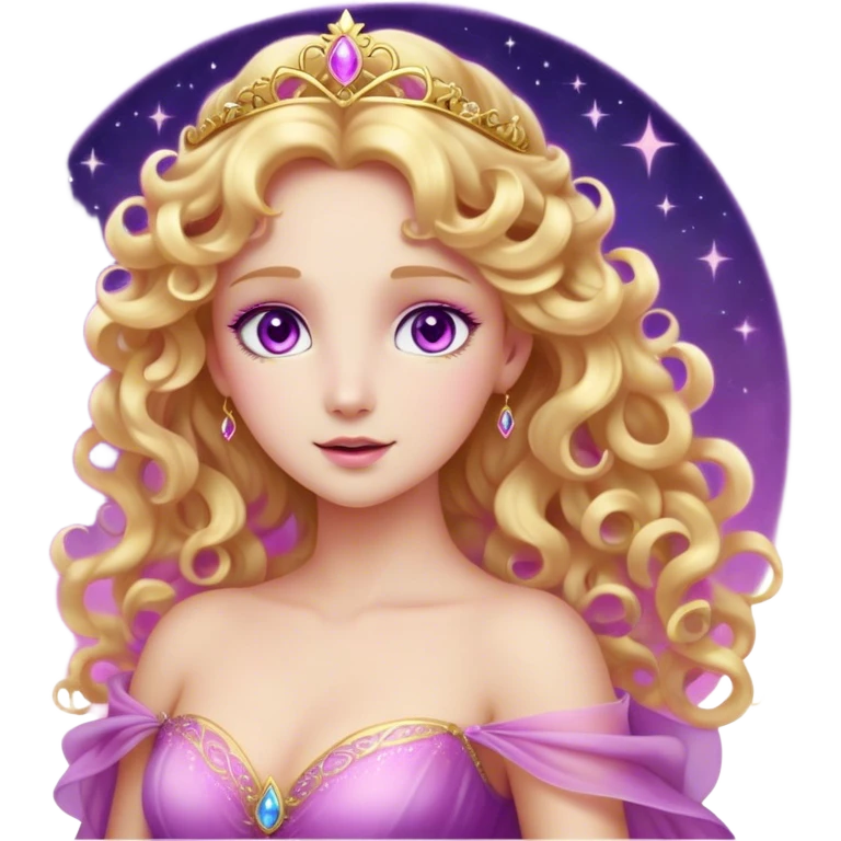 Cinematic Stunning Aurora Portrait Emoji, Ethereal in her flowing pink gown, golden curls shimmering, soft violet eyes filled with serenity, an enchanting glow surrounding her, capturing the beauty of a princess lost in a dream! emoji