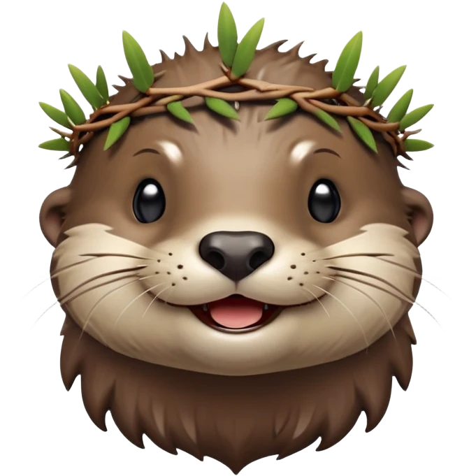 really cute smiling joyful otter face in three-quarter profile view with simple thorny stem wrapped horizontally around its forehead like Jesus Christ's Crown of thorns, no crown shape on top, just thin spiky branches circling the forehead, Apple emoji style, glossy finish, smooth gradients emoji