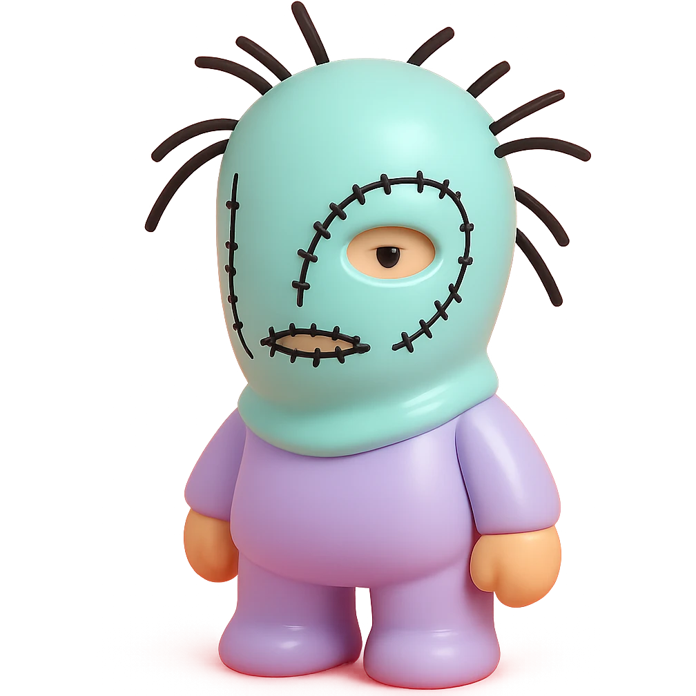 The mask is made of thick, white knitted fabric that fully covers the head and neck. It features irregular black stitching that outlines the eye and mouth areas, creating an abstract, hand-drawn effect. Several black cords or threads extend outward from the mask, adding a textured, chaotic look. The eye openings are partially exposed, allowing visibility, while the mouth area remains mostly covered. The overall construction appears handcrafted, with visible seams and uneven lines contributing to a rough, deconstructed aesthetic. emoji