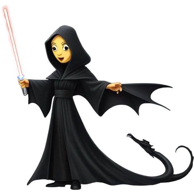  beautifully dressed teen Morticia Addams Jedi riding on the back of a very large black shiny evil-looking fire-spewing dragon. proper scale emoji