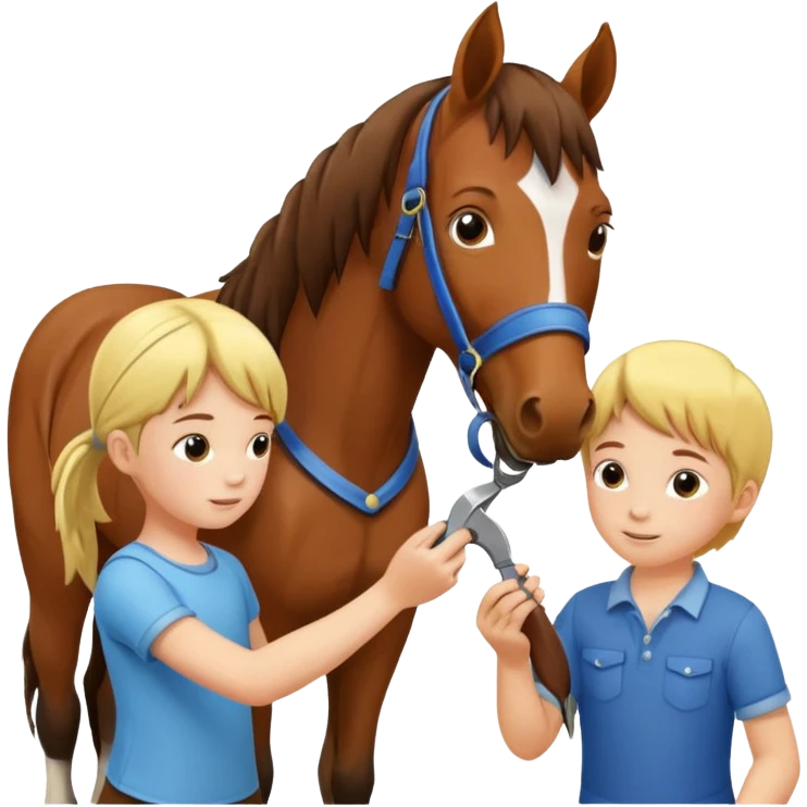 two children grooming a horse] emoji