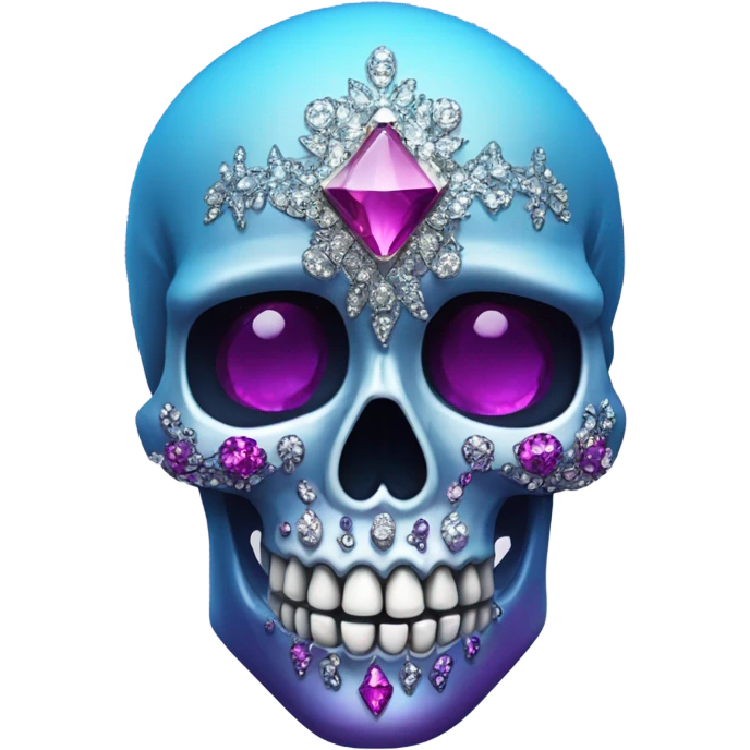 Realistic isolated pretty metallic magenta ,light blue,and dark purple ombre decorative filigree Skull with shiny diamonds and rhinestones on it. emoji