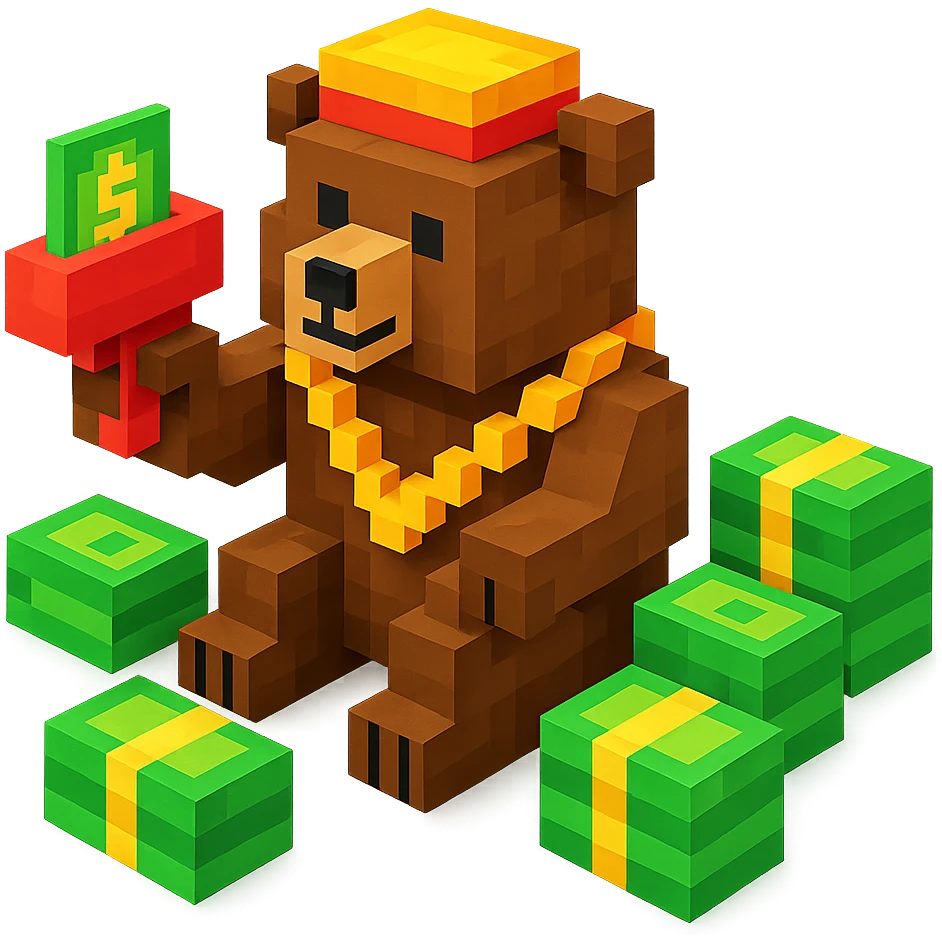 Russian grizzly bear with a rapper chain and a money gun, surrounded by stacks of money emoji