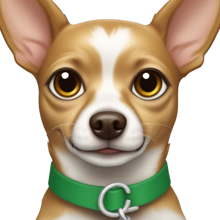 Brown and white chihuahua terrier mix wearing a green collar  emoji