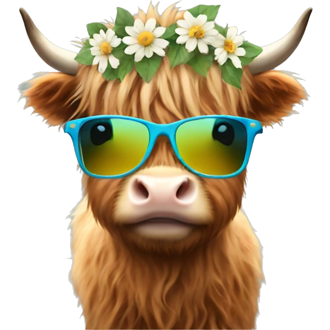 Baby highland cow with flower crown and sunglasses  emoji