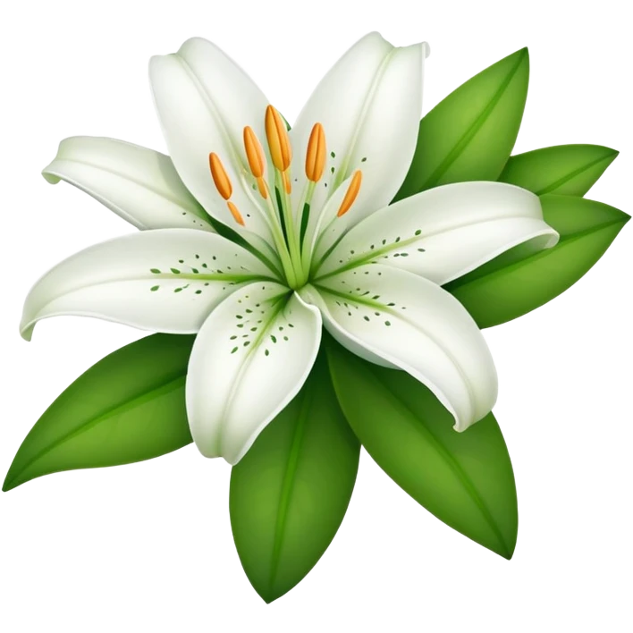 white lily flower with exactly six petals, one flower bud, and green leaves emoji