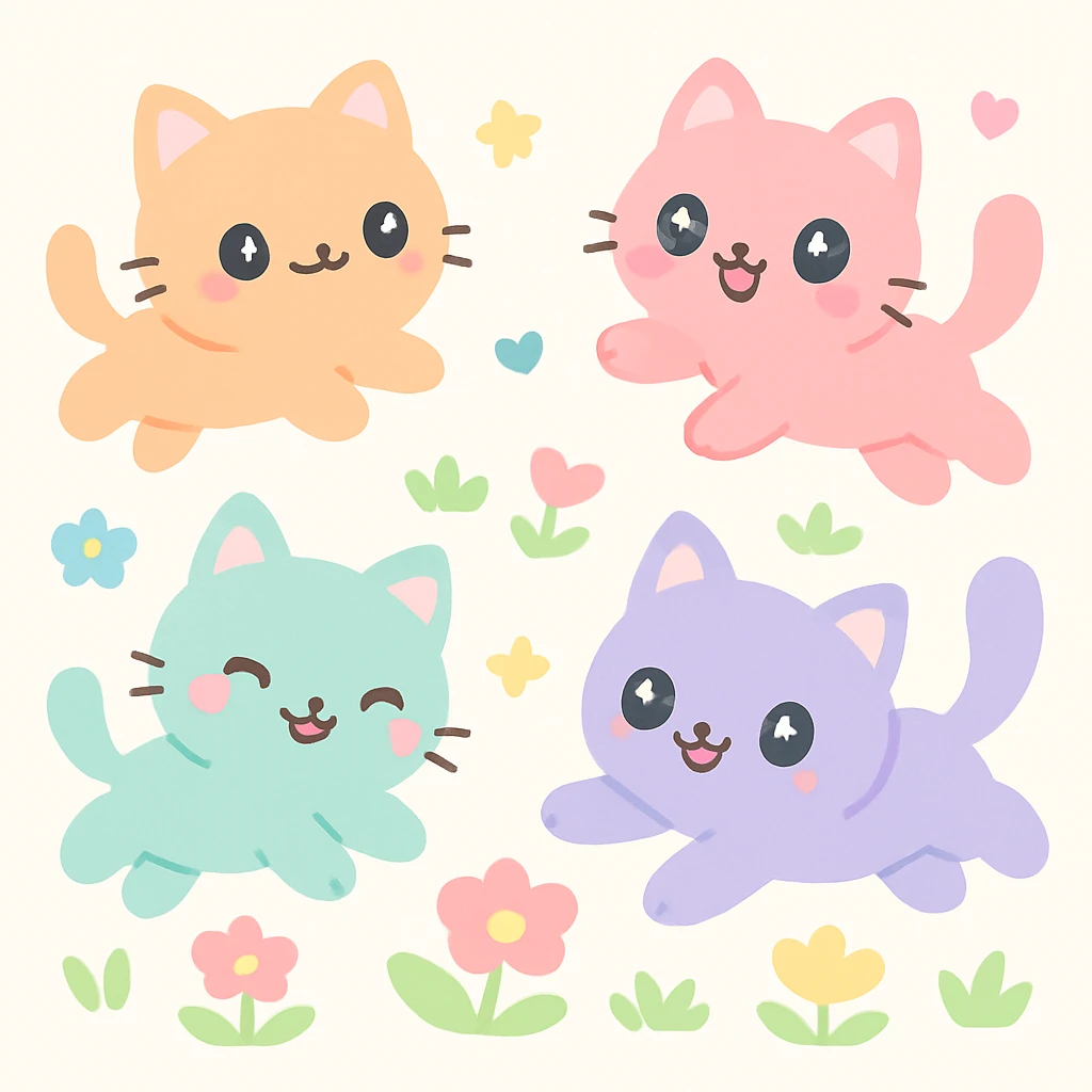 pretty little adorable kitties jumping around a garden, glowing, smiling, playful and cute emoji