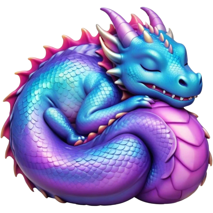 Meme-Worthy Cute Sleeping Dragon Portrait Emoji, Head resting peacefully with a contented smile, showcasing a sinuous, graceful build and a luxuriously soft, iridescent scaled body, eyes gently closed in serene, magical slumber, Simplified yet hilariously adorable features, highly detailed, glowing with a soft, drowsy mystical light, high shine, relaxed and utterly lovable, stylized with an air of playful fantasy, soft glowing outline, capturing the essence of a sleeping dragon that feels destined to become the next viral sensation of enchanted rest! emoji