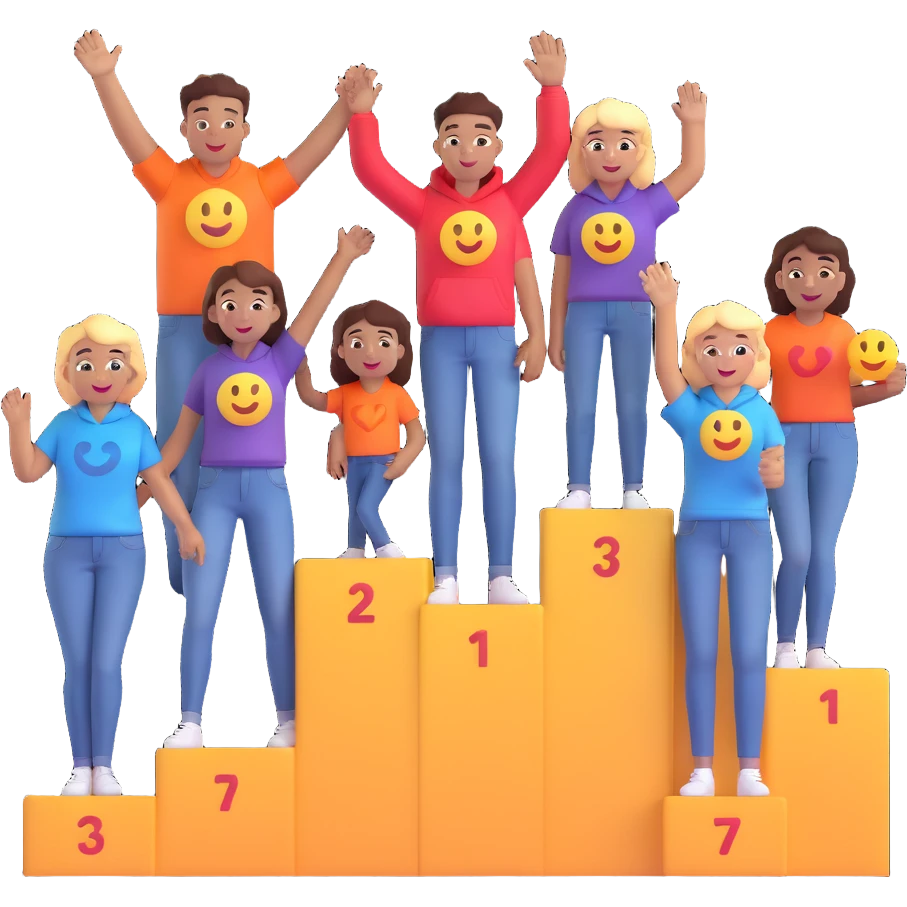 winners’ podium with multi-racial people, brown, middle step higher, no numbers, fun colorful clothes like jeans, t-shirts, and hoodies, excited fun expressive 3D emoji style emoji