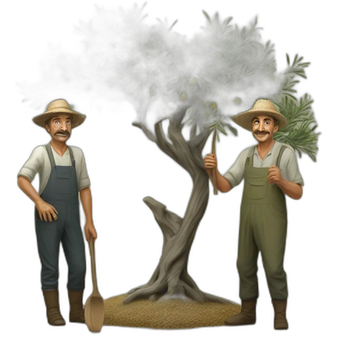 Hyperrealist olive tree and andalusian farmers with a stick emoji