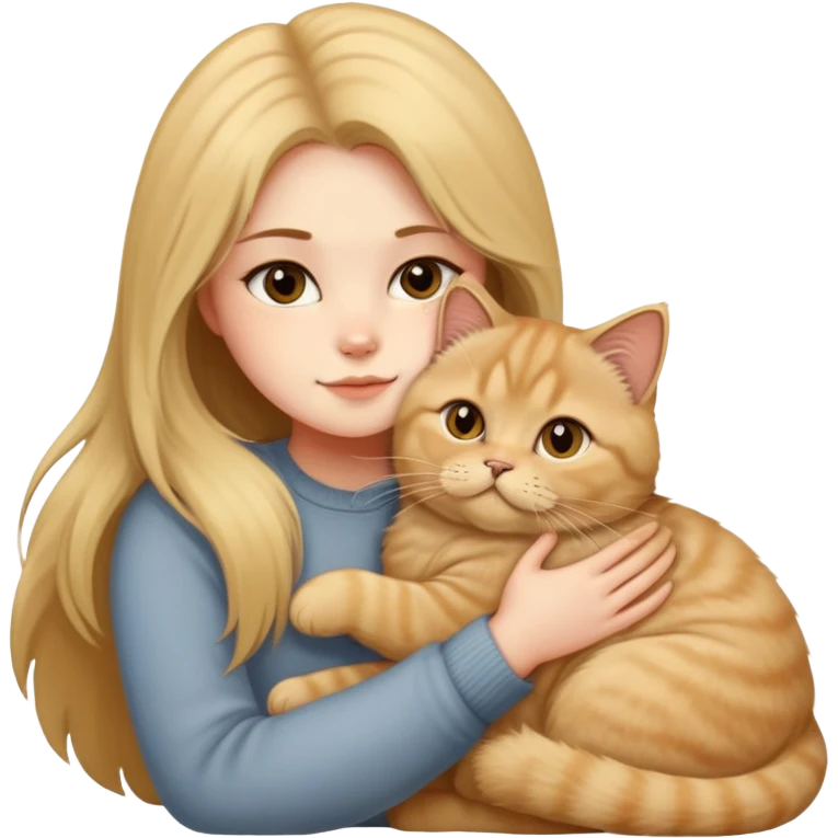 A long-haired girl hugs a Golden Shaded British shorthair emoji