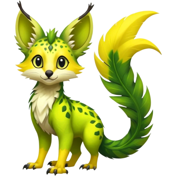 Feral Rare Fantasy vibrant tropical Vernid-Trico-jungle-animal-species-hybrid by LiLaiRa, random markings, tufted tail, tufted ears, full body emoji