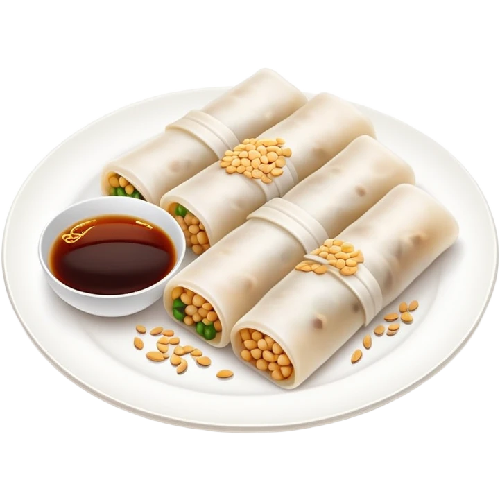 Cantonese rice noodle roll Cheung Fun with soy sauce and sesame seeds, simplified emoji style with bold outlines and bright colors, cartoon style translucent rolled rice sheets on plate emoji