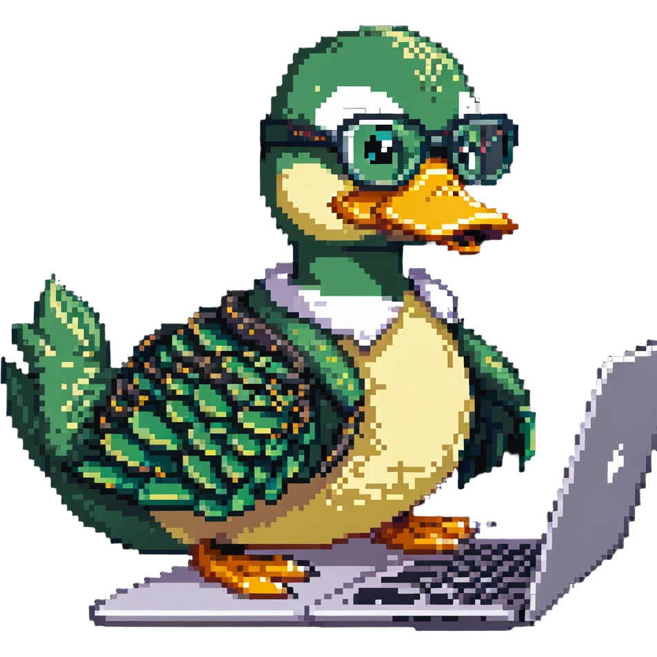 Animated duck wearing glasses, programming Python on a laptop emoji