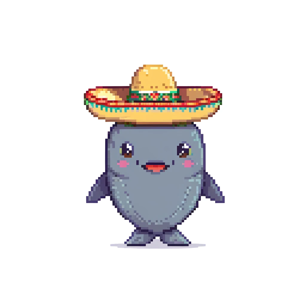 A happy whale wearing a large Mexican sombrero hat, playful character emoji