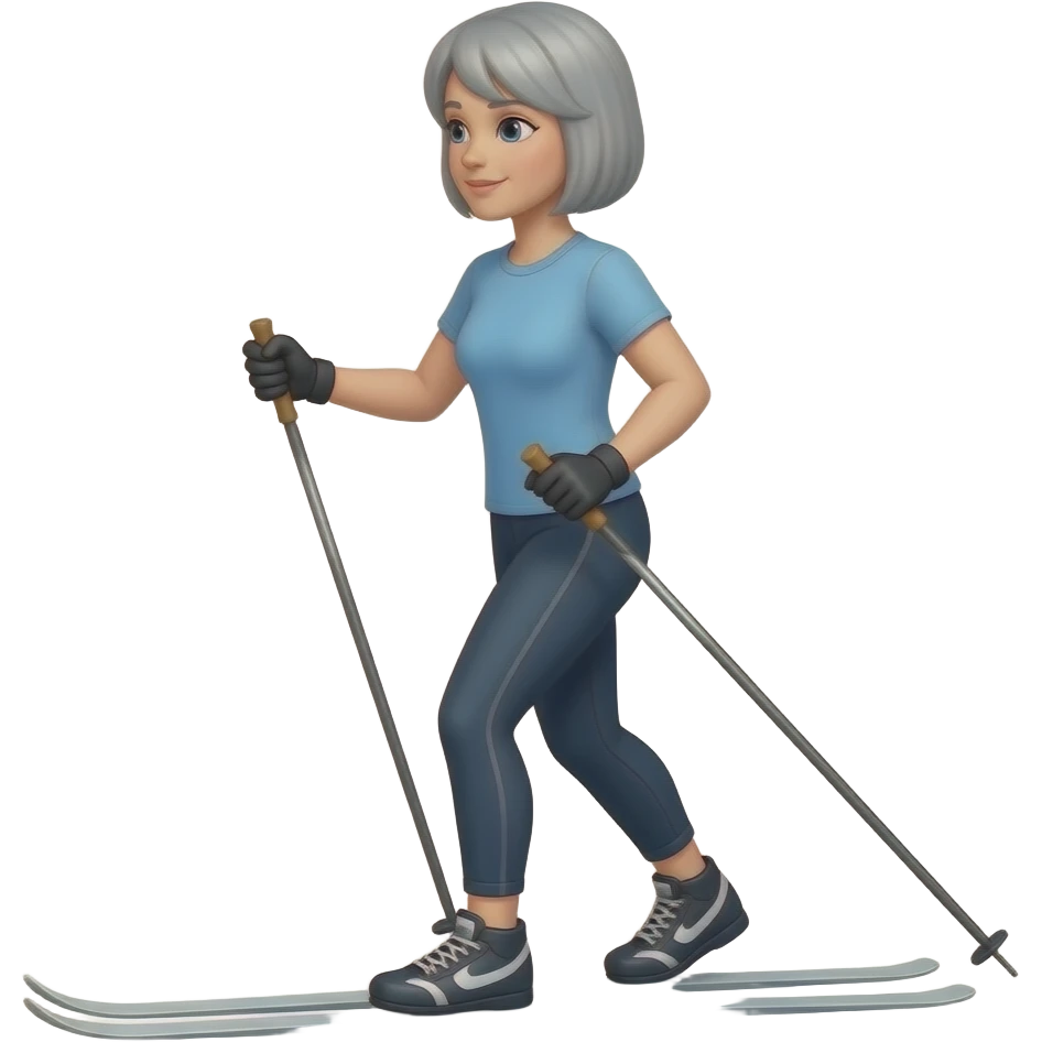 woman with grey bob haircut nordic walking, pole in each hand, hole body view side view, no skis, wearing t-shirt and leggings emoji