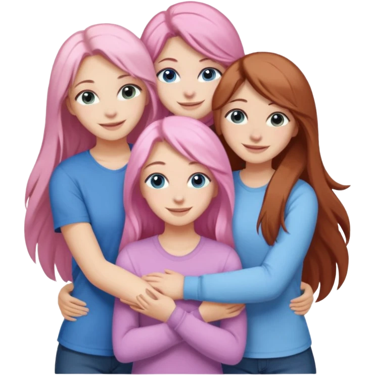 four white girlfriends hugging and smiling    2 girls with brown eyes and long dark brown hair. One with long light pink hair and blue eyes, one girl with blue eyes and light blonde hair emoji