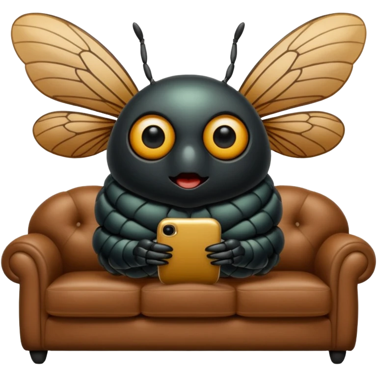 Black Cicada cartoon style with black shiny round eyes watching on a phone sit on a brown sofa  emoji