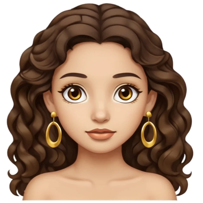 light skinned girl, little thicker body type, wavy dark brown hair, brown eyes, long eyelashes, earrings emoji