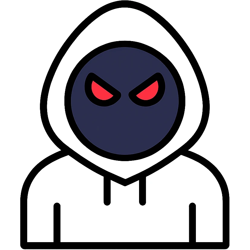 white hoodie character with a black circular face and glowing red angry eyes, minimalistic design emoji