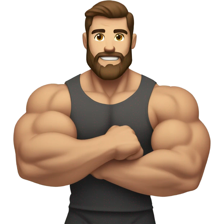 Muscled guy with brown hair and brown beard curling arms emoji