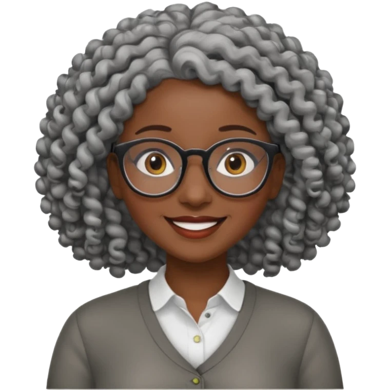 smiling dark black woman wearing glasses with lots of curly gray hair a emoji