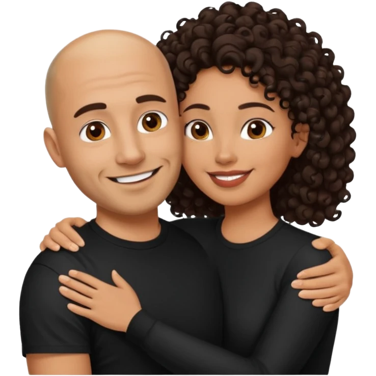 A picture of a tanned couple embracing. the man is a Mexican man with tanned skin, a bald hair cut, short beard and wearing a black shirt. the woman is mixed, with long curly dark brown hair and with big boobs  emoji