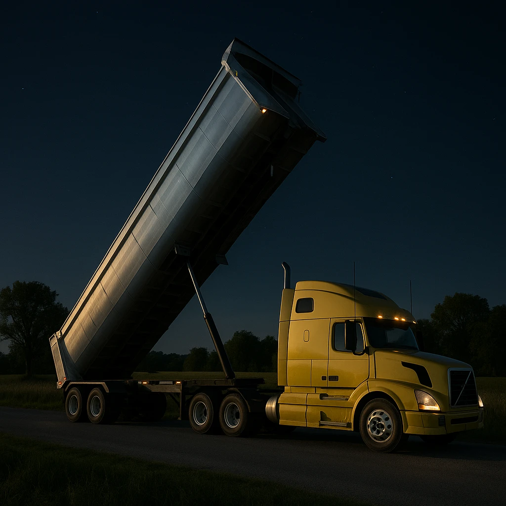 long silver end dump trailer hooked to a Volvo yellow semi sleeper truck, trailer in dump position, photorealistic night scene in a rural country environment with fields, trees, and a quiet road emoji