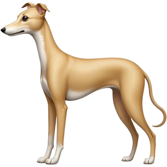 cinematic-[fawn greyhound]-realistic-full-body-standing-emoji,-tail-resting-loosely-beside-its-paws,-head-tilted-dramatically, -sleek-[light fawn]-fur,-simplified-yet-realistic-focused-features,-highly-detailed,-glowing-with-an-almost-sarcastic-glow emoji