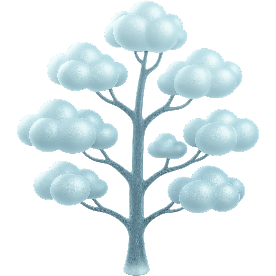 one tree with many branches, each branch covered with small, very bright white, saturated color, fluffy and convex clouds, minimalist style emoji