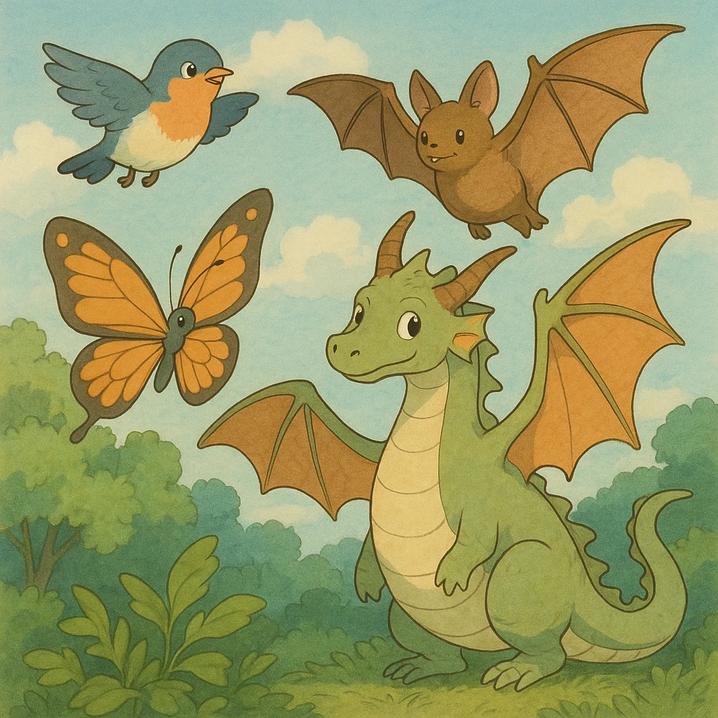 a whimsical collection of animals with wings including a bird, bat, butterfly, and dragon in ghibli style emoji