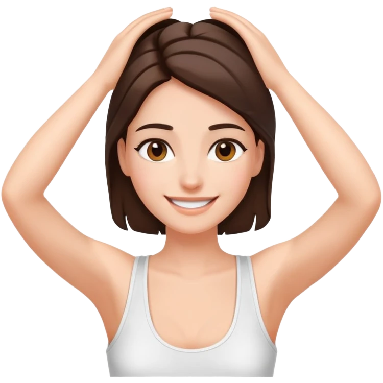 Attractive Brunette girl smiling in white tank top with hands on her head emoji