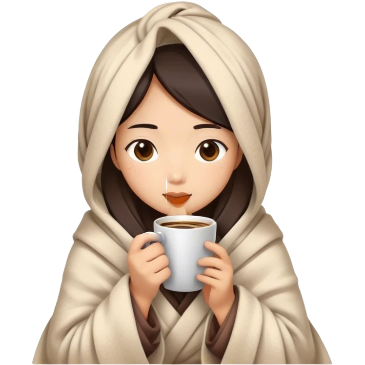 Asian girl wrapped in cozy blanket drinking coffee emoji
