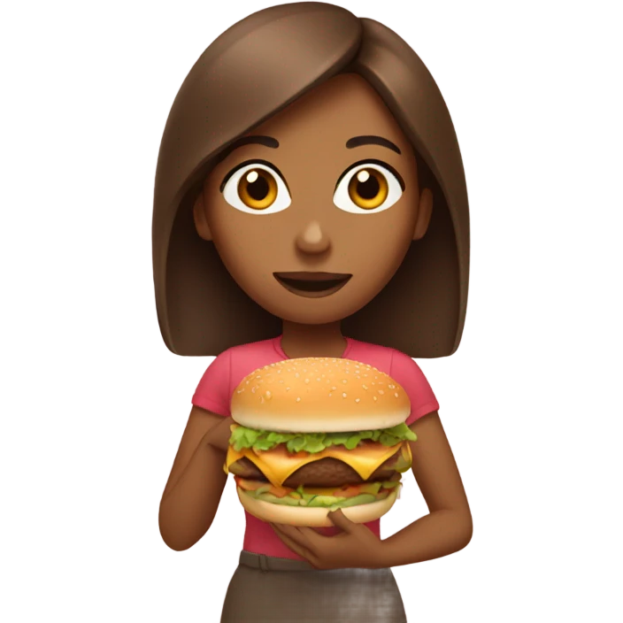 Brown girl with brown hair eating burger emoji