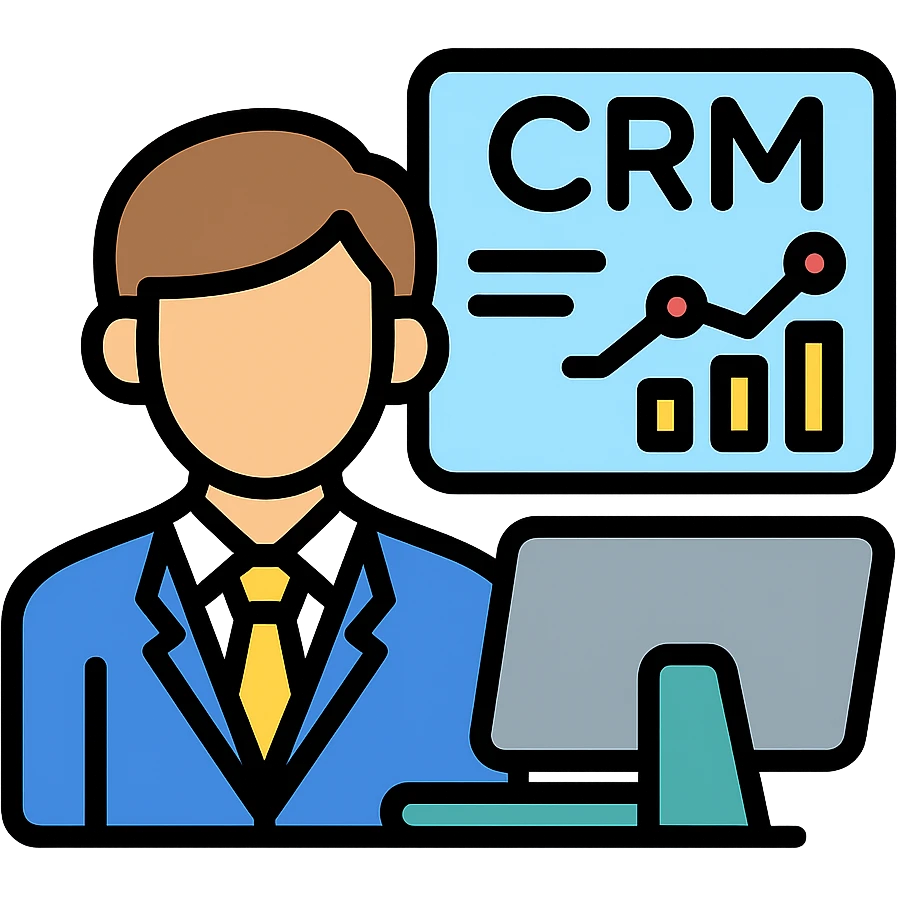 businessperson with brown hair at a computer, CRM graphs on screen emoji