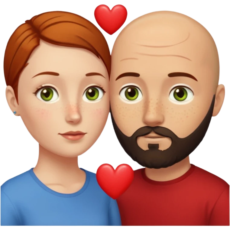Couple. Bald man with dark brown-black beard. Woman with many small, faded, round freckles, white skin and she has auburn-yellow-brown dark hair. She has light yellow-brown-green eyes. He have hazel-blue eyes. They look at each other. Many small red hearts around them. emoji