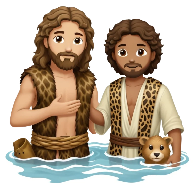 wavy hair John the Baptist, animal skin clothes, meets Jesus in the water, they have clothes on emoji