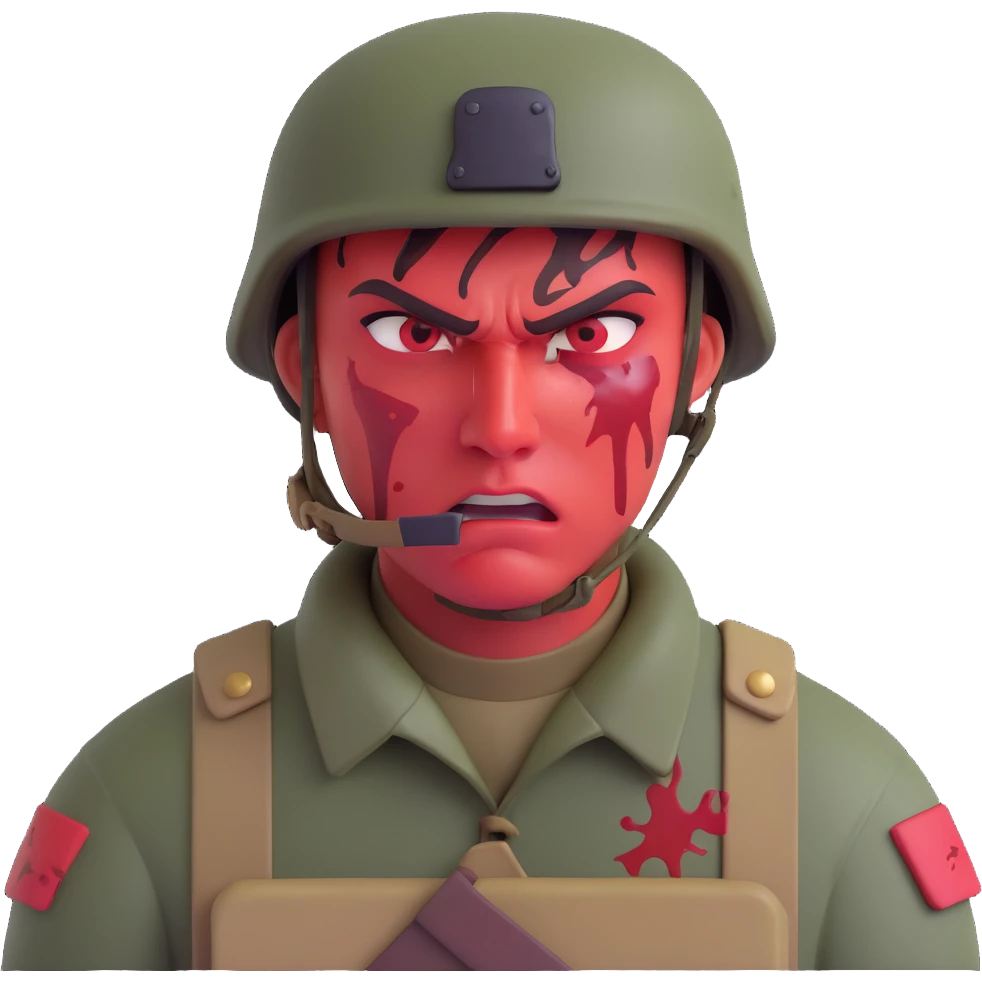 angry soldier, red skin, blood splatter on left cheek emoji