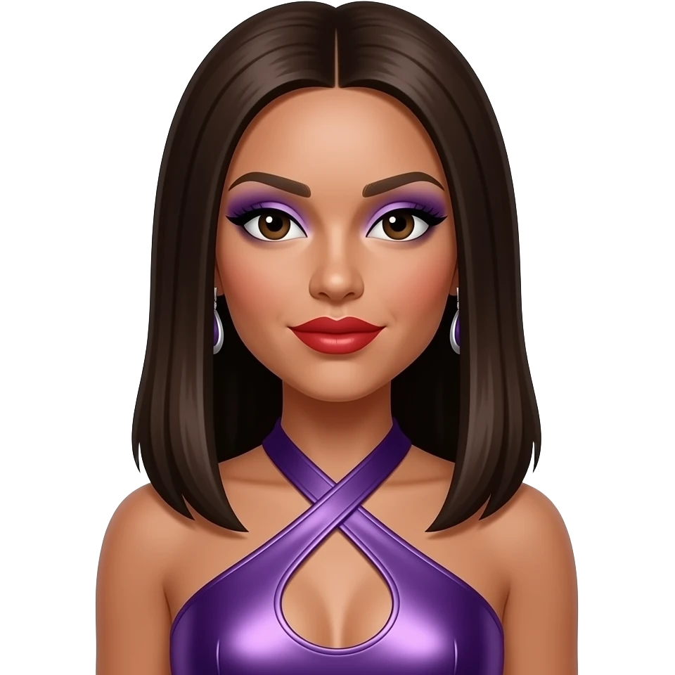 Melody Thornton from The Pussycat Dolls with medium dark skin, dark brown eyes, long dark brown 2000s straight hair, purple eyeshadow, red lipstick, purple metallic halter dress, earrings emoji
