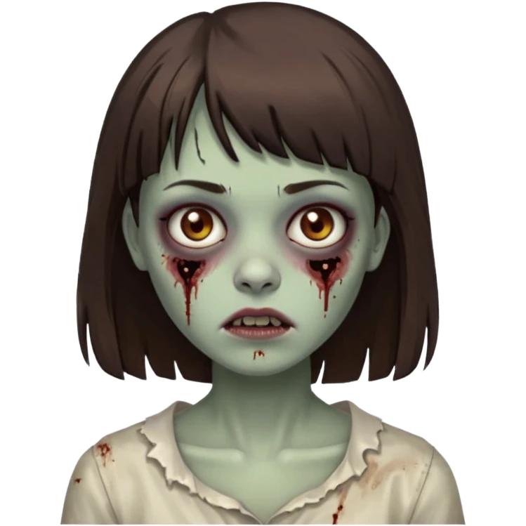 branca, olhos hazel, franjnha, pequenas sardas, cabelo castanho escuro, zoombie emoji