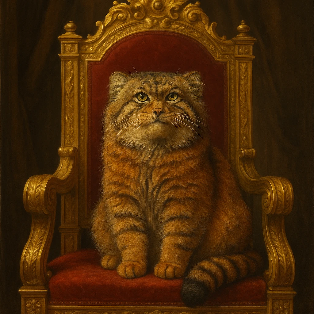 A brown-orange Pallas's cat (Manul) sitting on a royal throne, looking majestic emoji