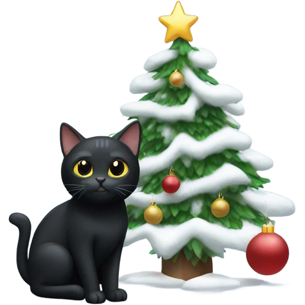 Black cat next to a white Christmas tree emoji